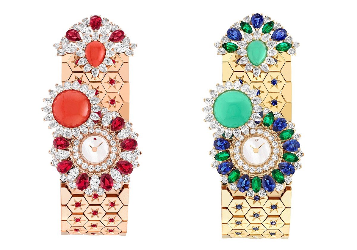 左：Ludo Secret腕錶，玫瑰金、紅寶石、珊瑚、白色珍珠母貝、鑽石、石英機芯。 右：Ludo Secret 腕錶，黃K金，藍寶石，祖母綠，綠玉髓，白色珍珠母貝，鑽石，石英機芯
