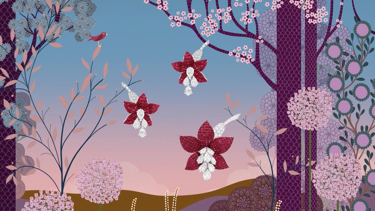 Fushia胸針，鉑金、玫瑰金、傳統隱密式鑲嵌紅寶石、鑽石，插畫由法國藝術家Charlotte Gastaut為Van Cleef & Arpels梵克雅寶特別創作