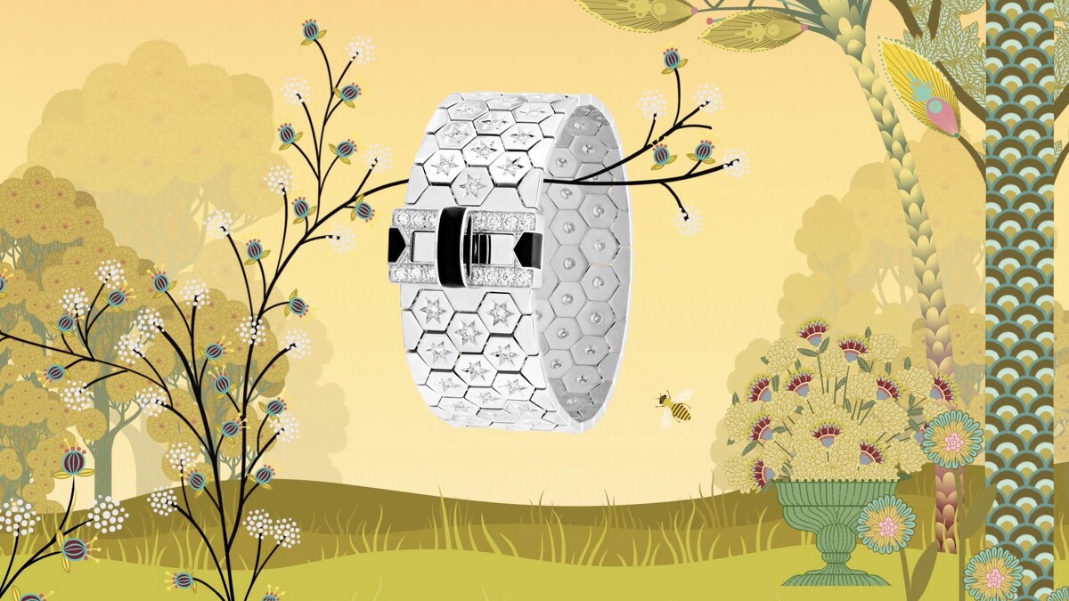 Ludo手鐲，白K金、縞瑪瑙、鑽石，插畫由法國藝術家Charlotte Gastaut為Van Cleef & Arpels梵克雅寶特別創作