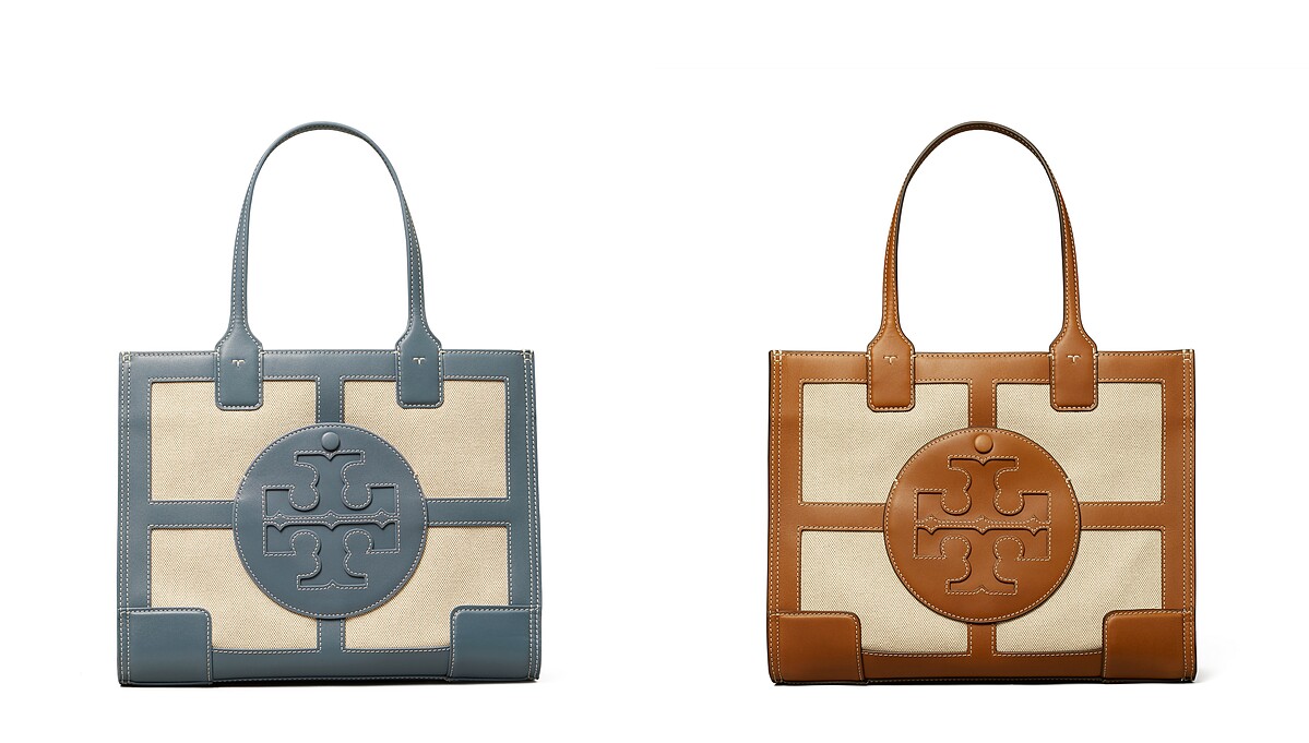 Tory Burch皮革拼拼接帆布Ella托特包(藍/咖) ,售價NT$16,900