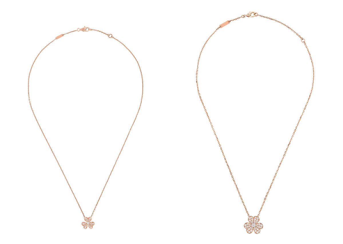 （左）Frivole吊墜，迷你款式，玫瑰金、鑽石，建議售價約NT123,000、（右）Frivole吊墜，小型款式，玫瑰金、鑽石，建議售價約NT267,000