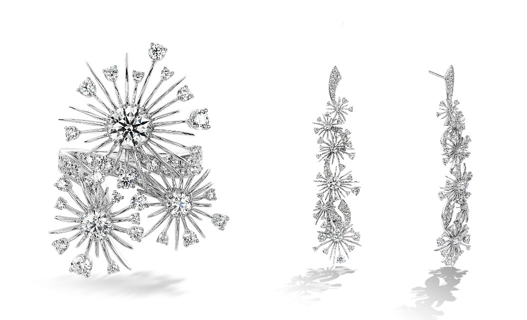 Aerial Dandelion白K金鑽石戒指、Aerial Dandelion白K金鑽石耳環