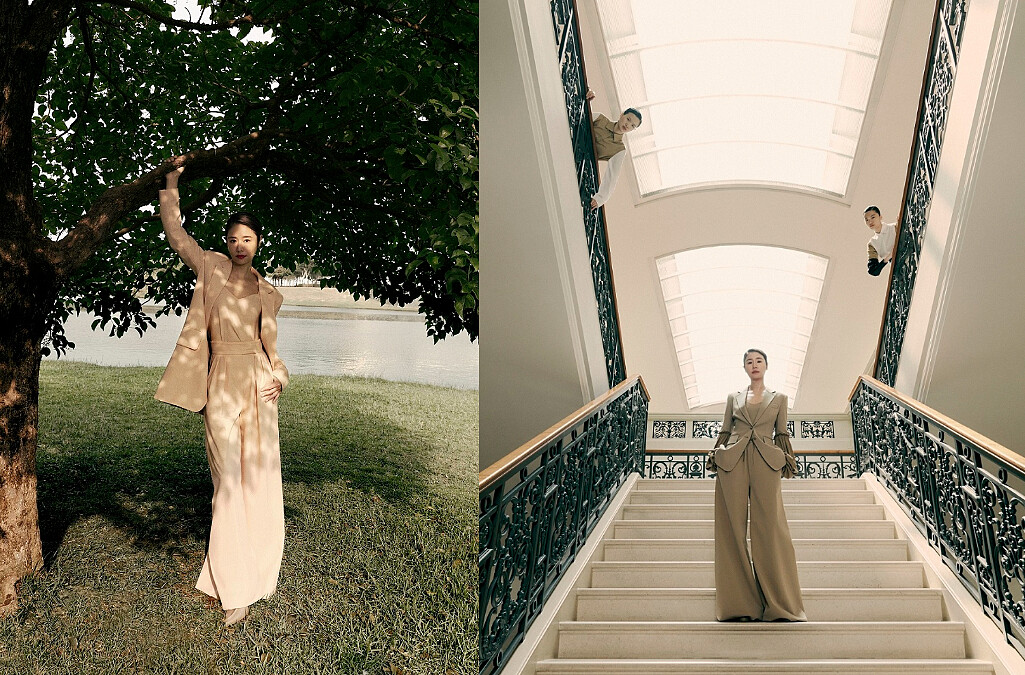 袖子以垂綴感設計、華美飄逸皺褶與寬褲的組合,讓駝色西服套裝既有現代摩登幹練風采,又能彰顯女性雅緻柔美的一面。