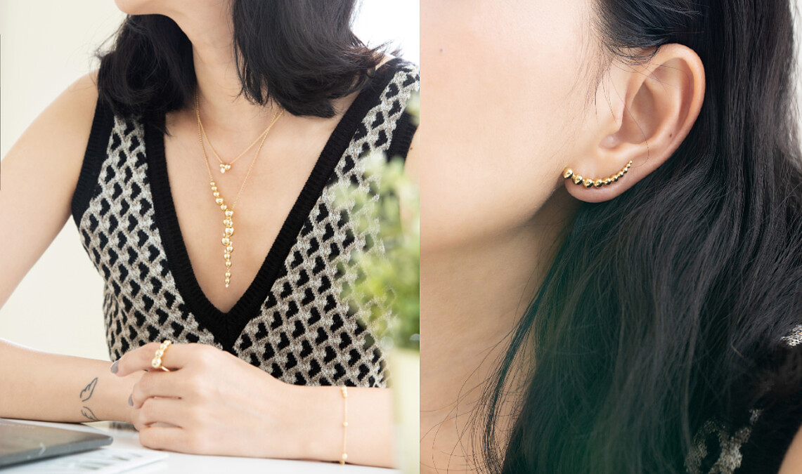 Moonlight Grapes系列耳夾，18K黃金，NT31,000、項鍊，18K黃金&鑽石，NT39,800、戒指，18K黃金，NT41,000、手鍊，18k黃金，NT39,000