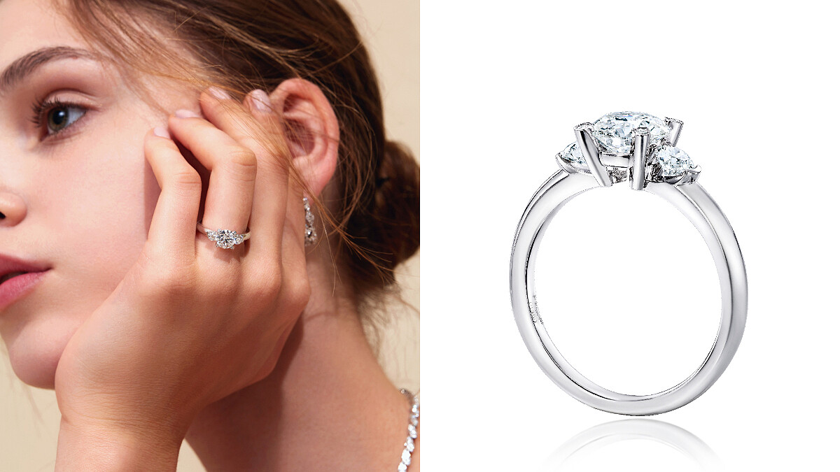 Aerial Regal白K金鑽石耳環、DLight鉑金3-Stone鑽石戒指主鑽約1ct。