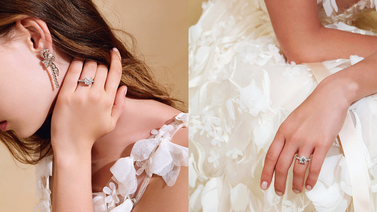 左：Lorelei Bow白K金鑽石耳環、DLight鉑金鑽石戒指 訂製款 主鑽約3ct。右：DLight鉑金鑽石戒指 訂製款 主鑽約3ct。