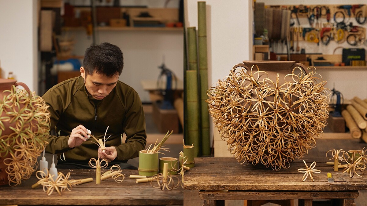 中國陳旻拗折竹片,製作出一朵朵大小不一的竹片花