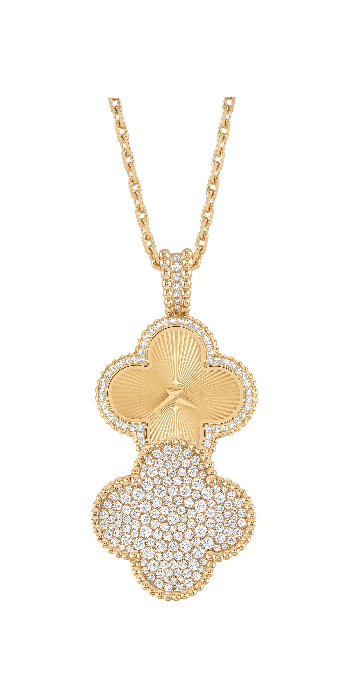 Alhambra神秘吊墜錶_黃K金、鑽石、璣鏤雕花黃 K金錶盤、石英機芯_建議售價: 約新台幣 1,340,000元