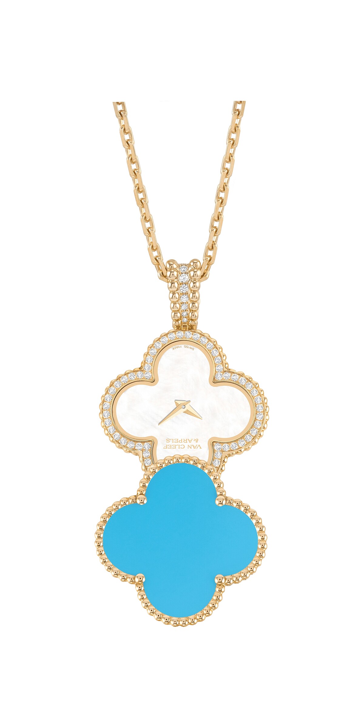 Alhambra神秘吊墜錶 (限量版本)_黃K金、綠松石、鑽石、白色珍珠母貝錶盤、石英機芯_建議售價: 約新台幣 955,000元