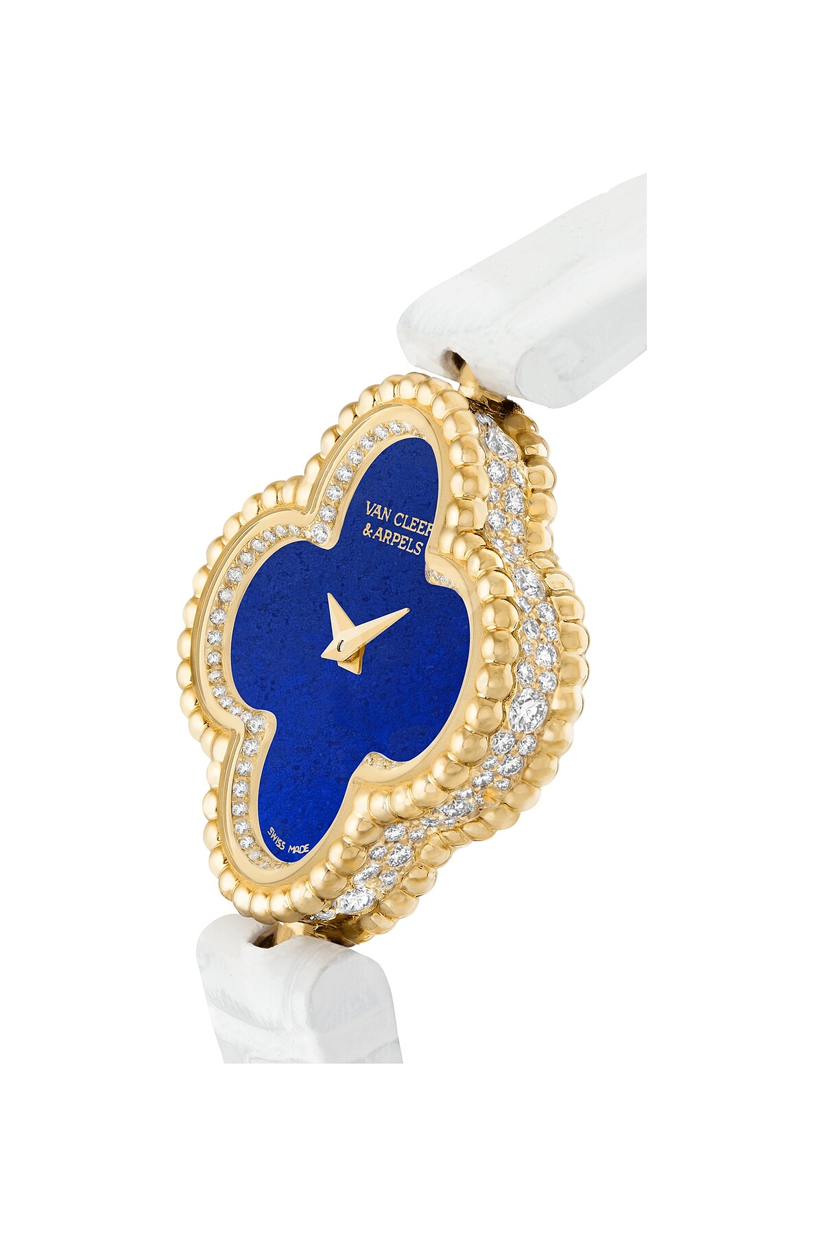 Sweet Alhambra腕錶_黃K金、鑽石、青金石錶盤、短吻鱷魚皮錶帶、石英機芯_建議售價: 約新台幣 555,000元