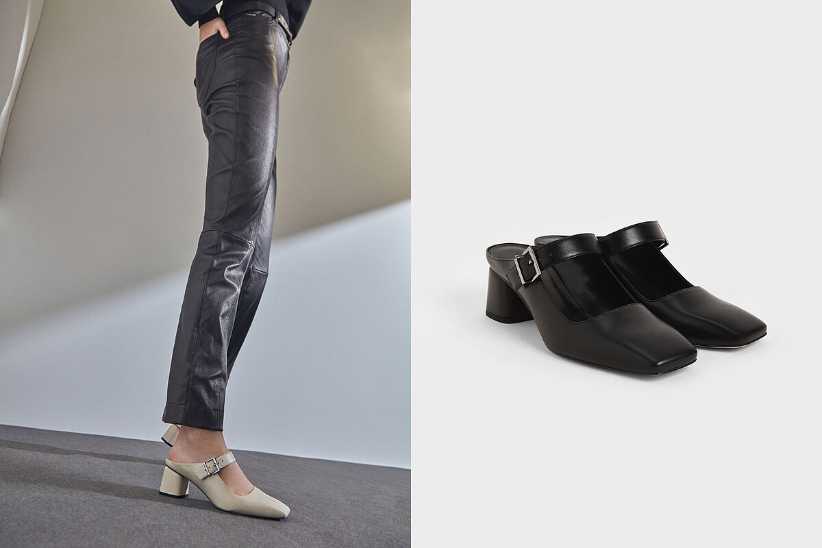 瑪莉珍飾帶帶有復古氣質，推薦也可以搭配顏色鮮豔的襪子，又能變化出另一種俏皮的風格。Charles & Keith純色方頭穆勒鞋，售價NT$1,690