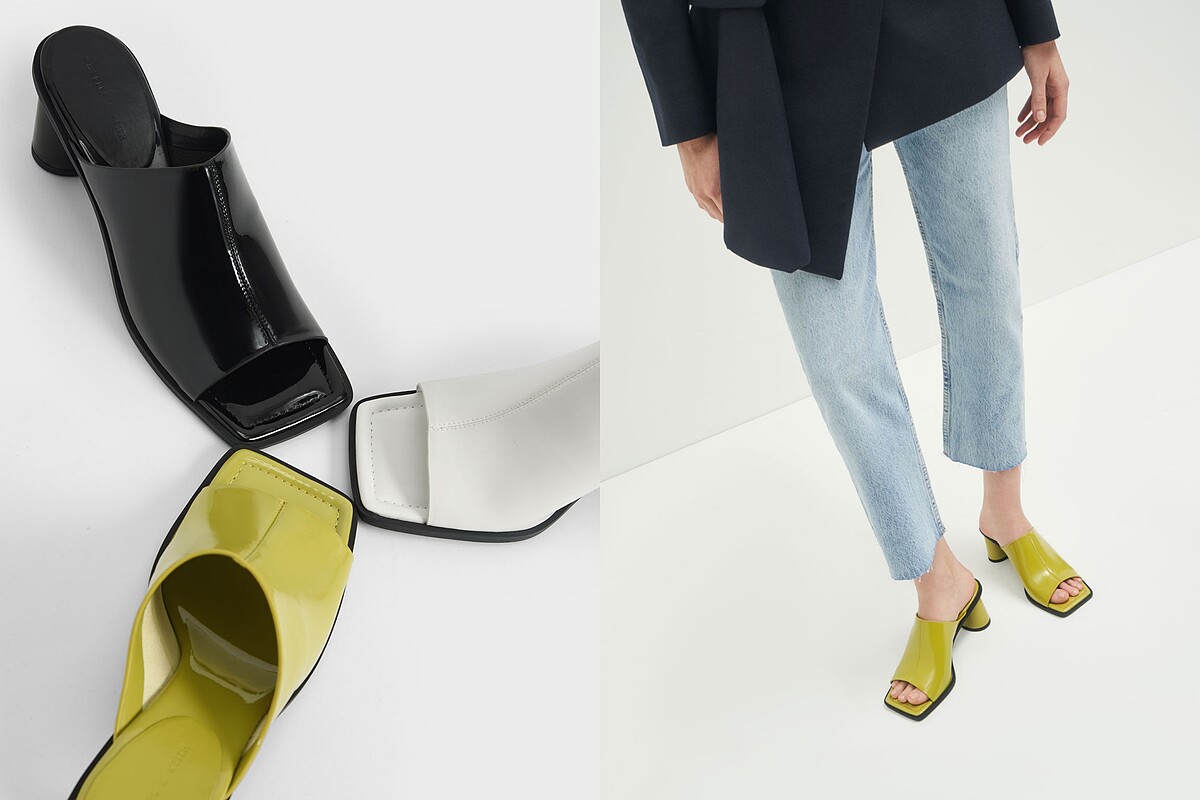 近期韓風流行的方頭拖鞋，配上粗短跟設計，實穿好走又可以拉長比例。Charles & Keith方頭粗跟穆勒拖鞋，售價NT$1,690