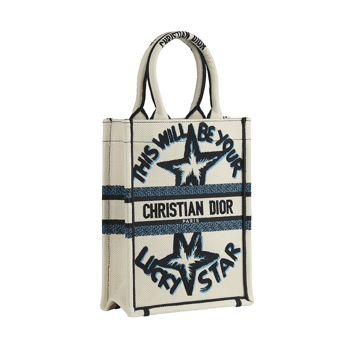 Book mini 白與藍幸運星刺繡帆布迷你直式托特包，NT87,000