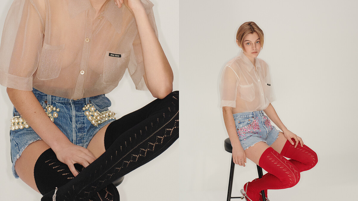 Miu Miu X Levi&rsquo;s聯名系列，在年仔褲口袋處加上珍珠、人造鑽石細節