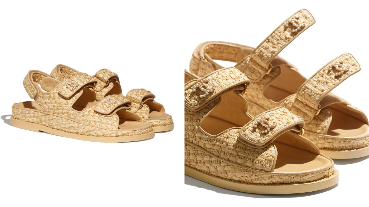 Chanel 老爹涼鞋,編織材質給人一種清爽的夏日氣息,鞋帶上的Chanel logo以典雅的白色串珠拼成,售價NT$42,800