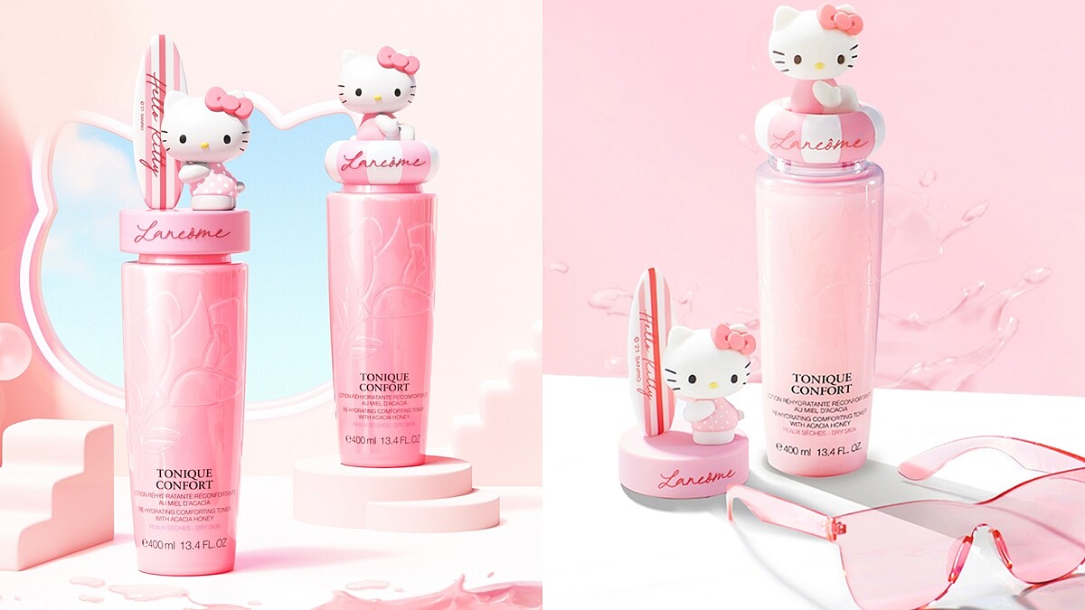 蘭蔻X Hello Kitty粉水聯名限量款，拿著衝浪板的立體凱蒂貓太萌，用完還能當公仔收藏