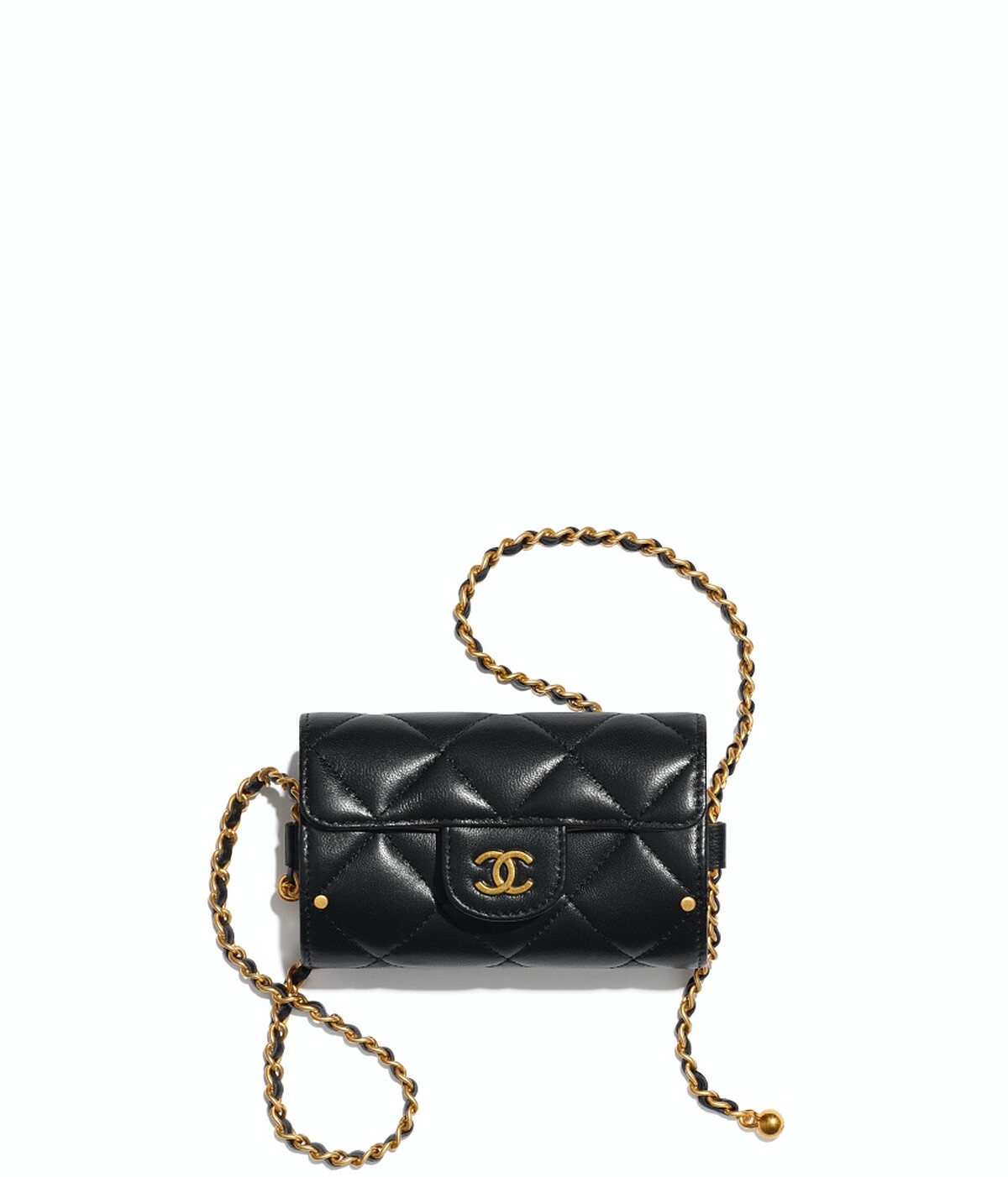 Chanel黑色皮革菱格紋皮穿鍊小包，NT81,500