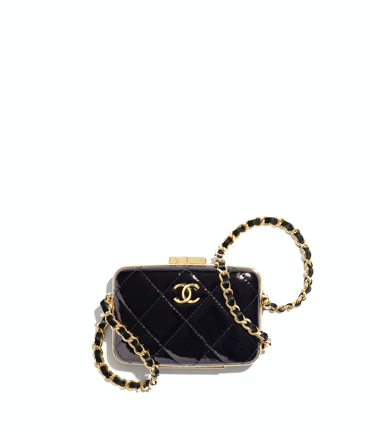 Chanel黑色金屬皮穿鍊晚宴迷你包，NT77,900