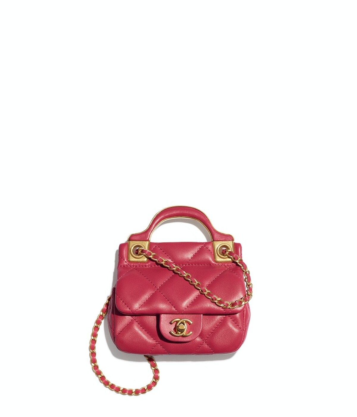 Chanel桃紅皮革菱格紋金屬皮穿鍊飾以手把小包，NT70,900