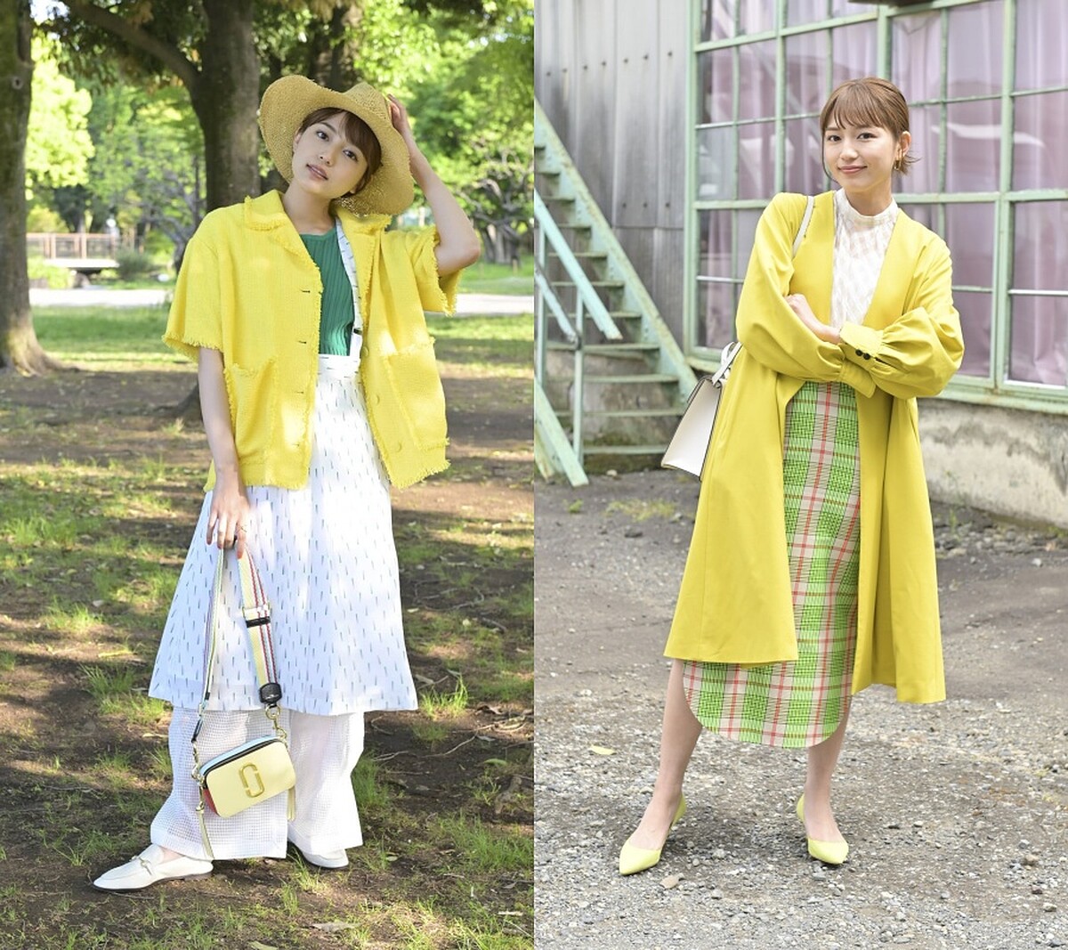 以亮黃、螢光黃色系外套來堆疊出層次感