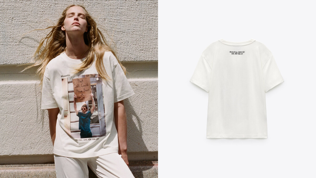 Zara X @dudewithsign 圓領短袖 T 恤，標語「那通電話本來可以用一則簡訊帶過」，售價NT$790