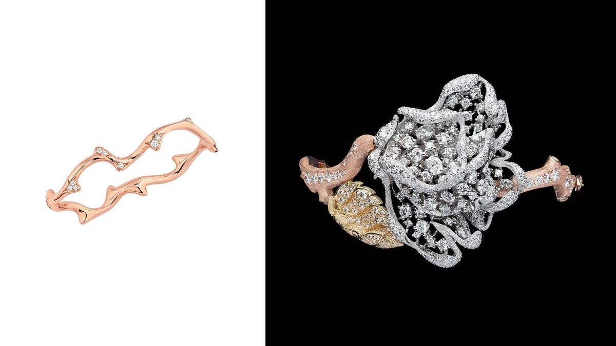 （左） Bois de Rose 是直取花莖的非典型玫瑰主題的輕珠寶。（右）2021年延伸到Rose Dior 高級珠寶系列，呈現朝露凝結於花莖的景致。Victoire de Castellane 用新意象、新工藝重返玫瑰主題。 