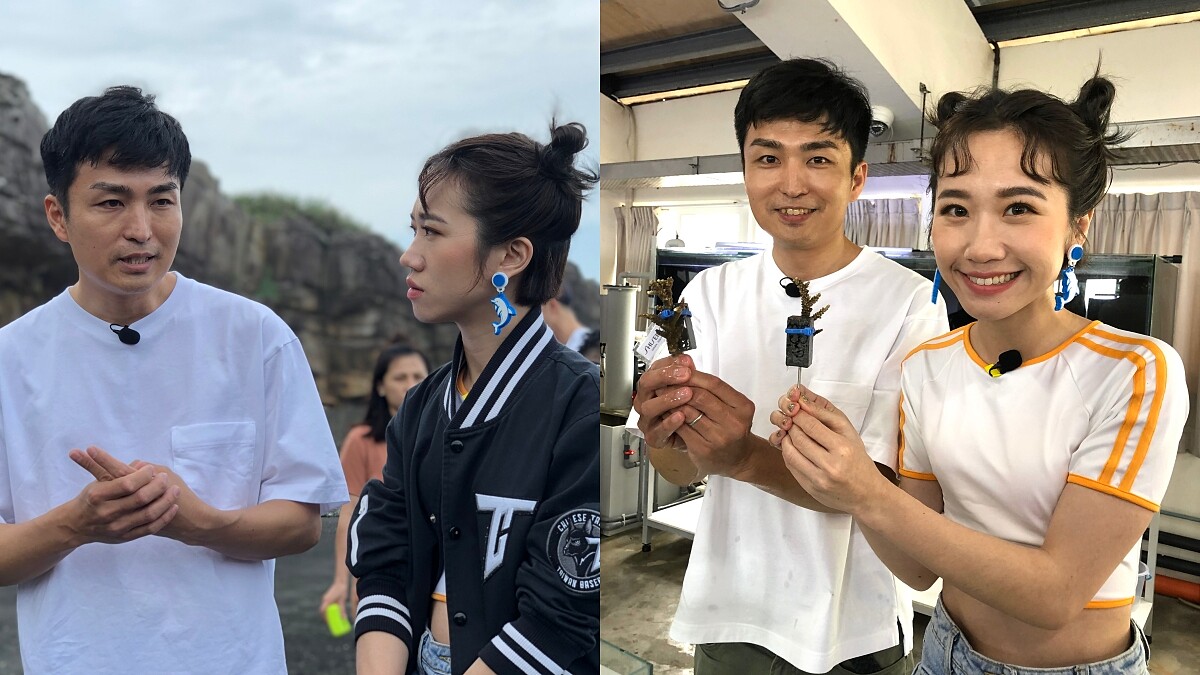 LULU黃路梓茵在台灣海洋大學識名信也教授帶領下了解珊瑚復育計畫過程