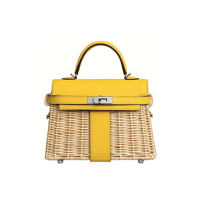 Kelly Mini Picnic系列柳條編織與Swift小牛皮拼接野餐包，NT449,600