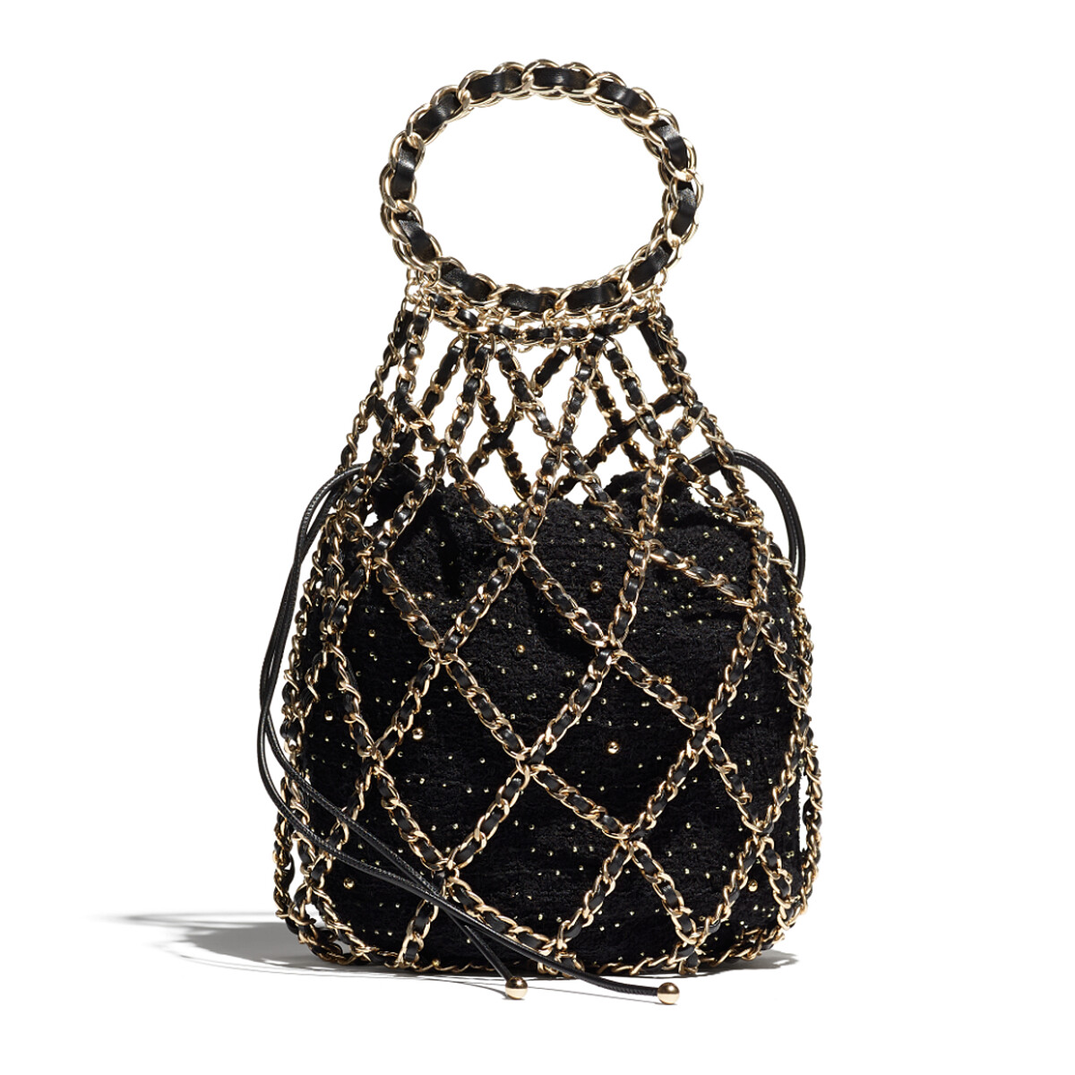 黑色斜紋軟呢亮片刺繡皮穿鍊漁網造型提把包,NT198,500