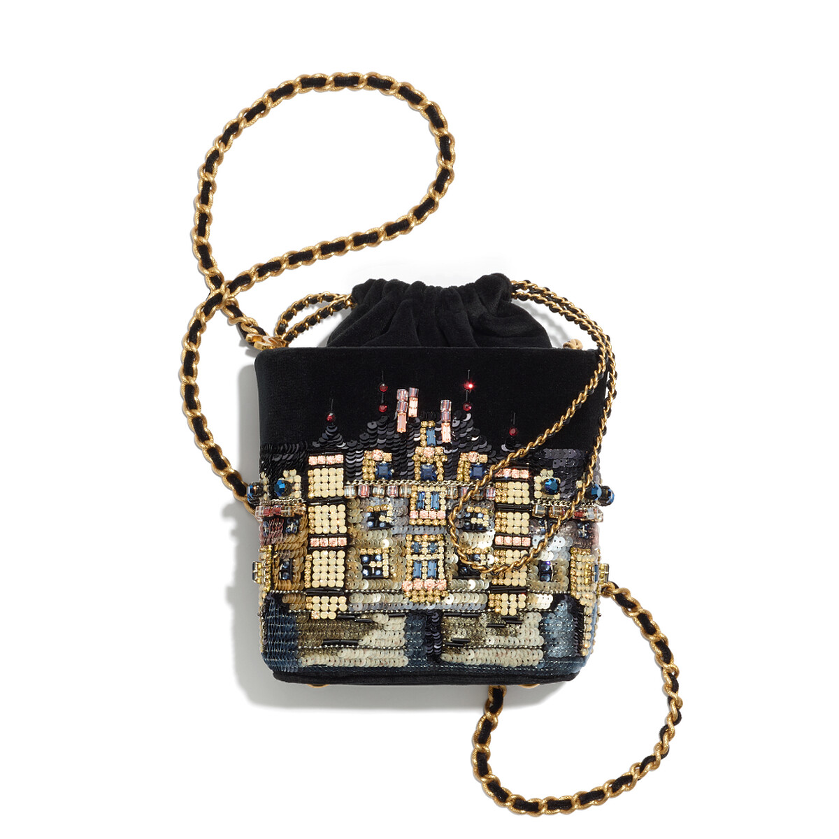 黑色天鵝絨城堡刺繡亮片幻象珍珠水晶鑲飾皮穿鍊束口小包,NT283,500