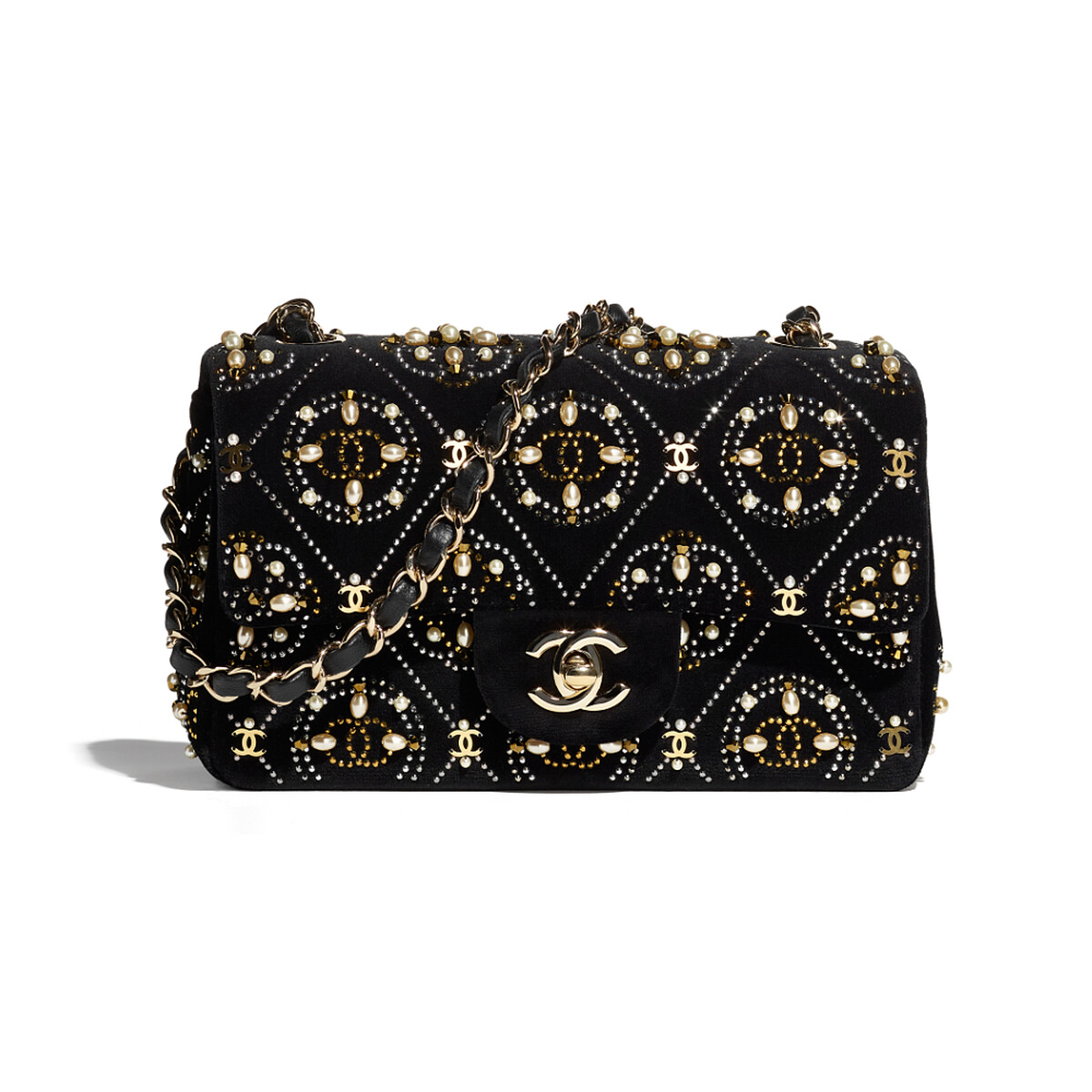 黑色天鵝絨幻象珍珠刺繡皮穿鍊肩背包,NT318,800