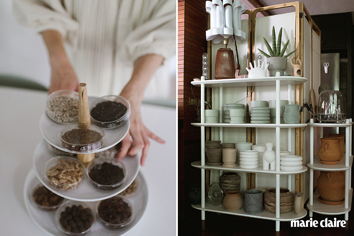 （左）土壤介質是室內植物養護上的關鍵，室內植物土壤的排水性要比種植在戶外的植物更好，以顆粒大小排列出差別，上到下是細到粗，這樣能讓學生能清楚明白它們的差異，這些介質有顆粒大疏水強的特性，材質有椰塊、樹皮、蛭石等。 （右）工作室和住家都有大量的盆器，最喜歡的是義大利品牌 Deroma 陶盆，土質跟技術都相當精良，因此陶盆用久了不會泛白或是長青苔，這點對在室內養植栽的人來說是很棒的優點。