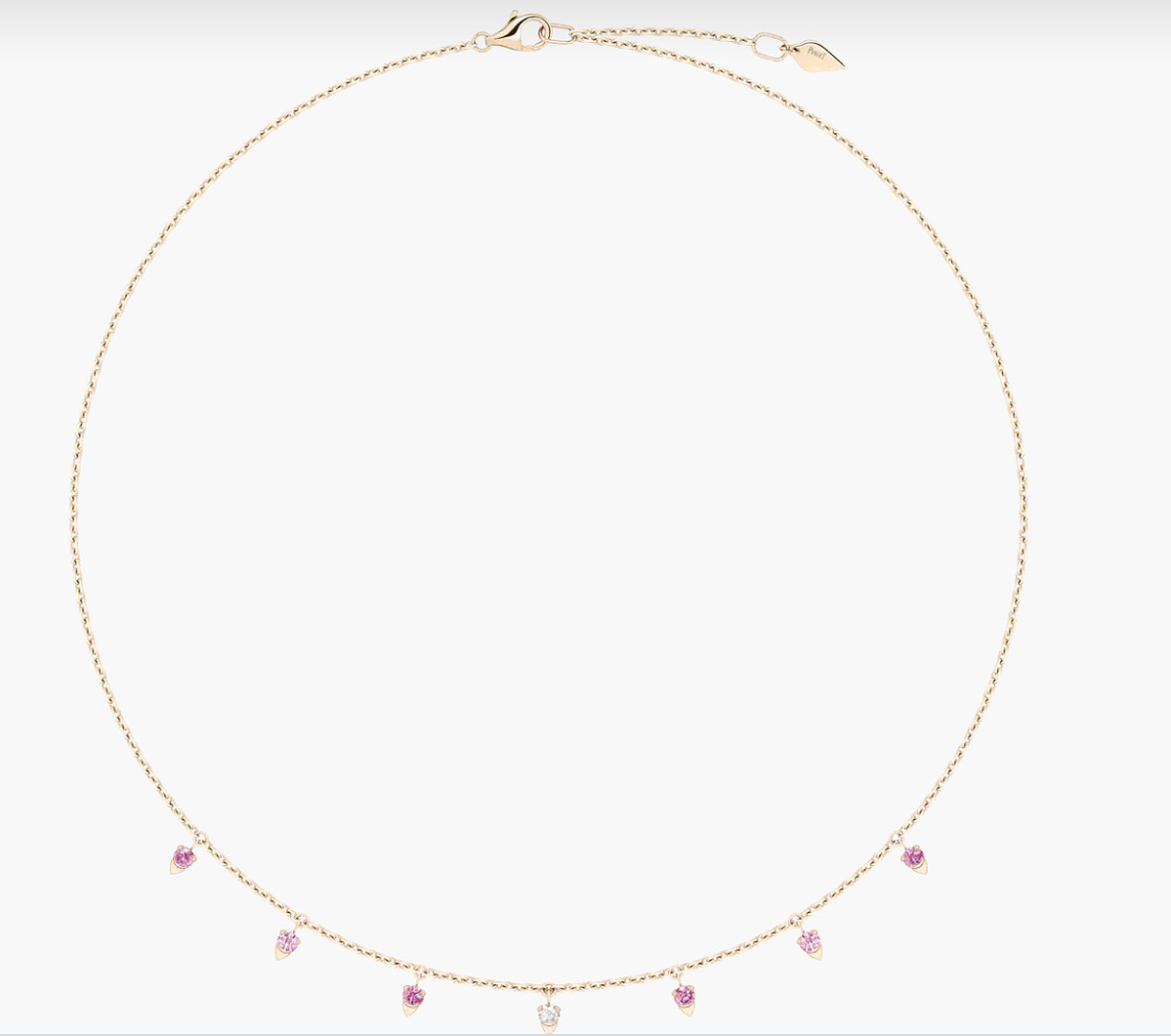 Piaget Sunlight系列項鏈,18K玫瑰金,鑲飾1顆明亮形切割圓形鑽石(約0.06克拉)和6顆粉紅色藍寶石(約0.48克拉),NT$108,000