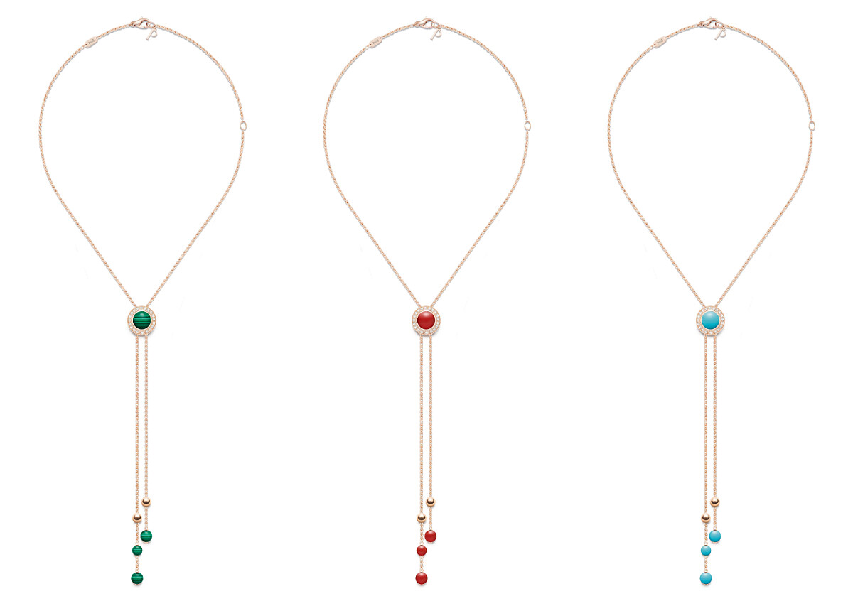 PIAGET Possession 18K玫瑰金孔雀石鑲鑽流蘇墜鍊、8K玫瑰金紅玉髓鑲鑽流蘇墜鍊、18K玫瑰金綠松石鑲鑽流蘇墜鍊。