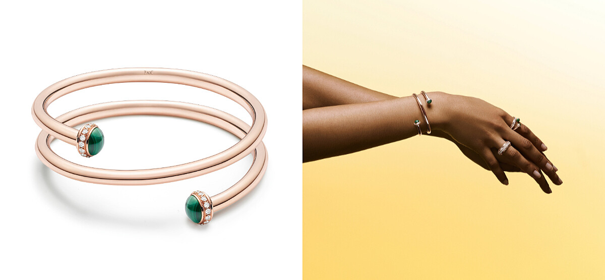 PIAGET Possession 18K玫瑰金孔雀石鑲鑽雙圈手環