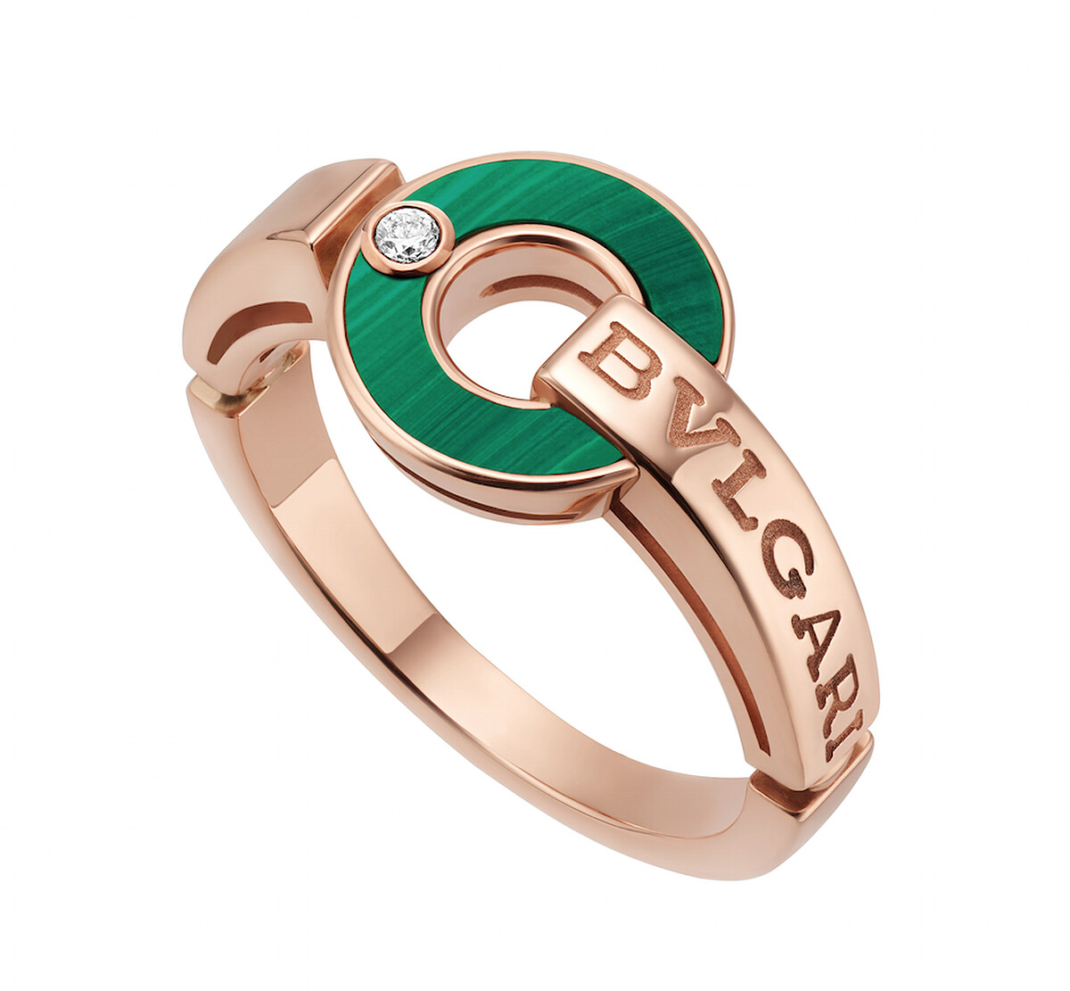 BVLGARI BVLGARI系列戒指，18K玫瑰金鑲嵌孔雀石與鑽石，參考售價NT72,300