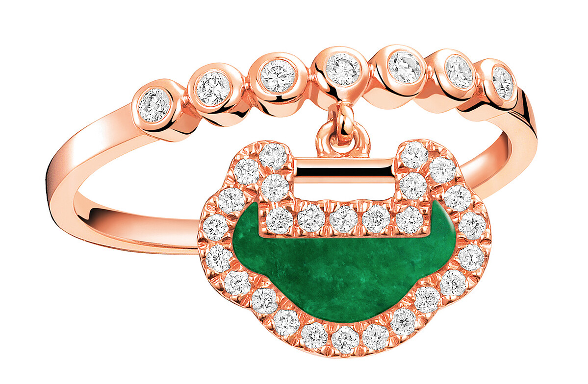 Qeelin Petite Yu Yi 系列戒指，18K玫瑰金翡翠鑲鑽，售價NT53,500