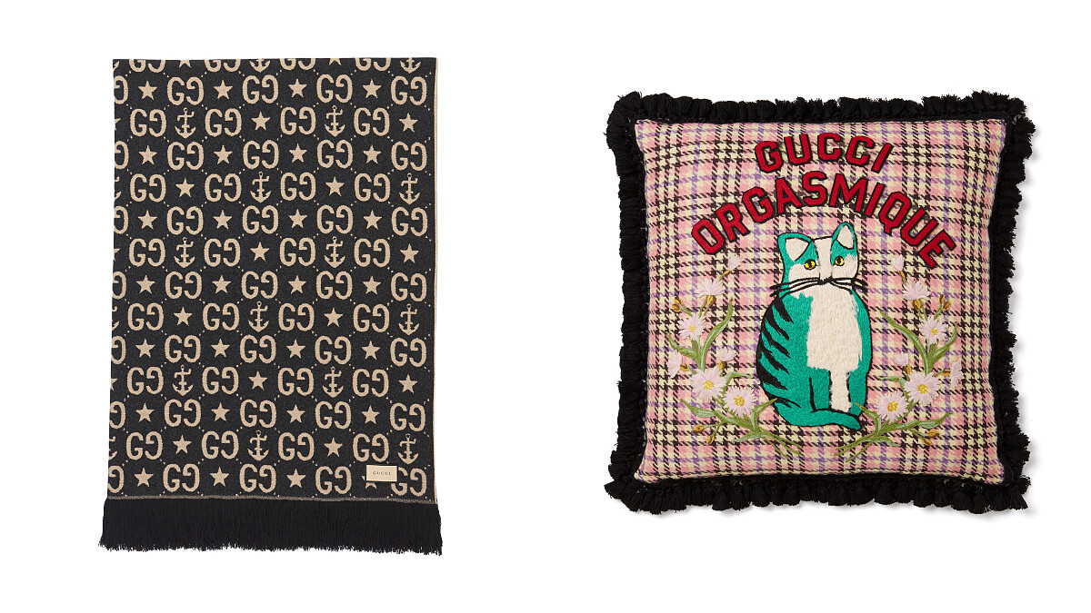 （左）Gucci 經典圖紋羊毛毯，NT41,900。（右）Gucci Orgasmique 貓咪靠枕，NT32,700。