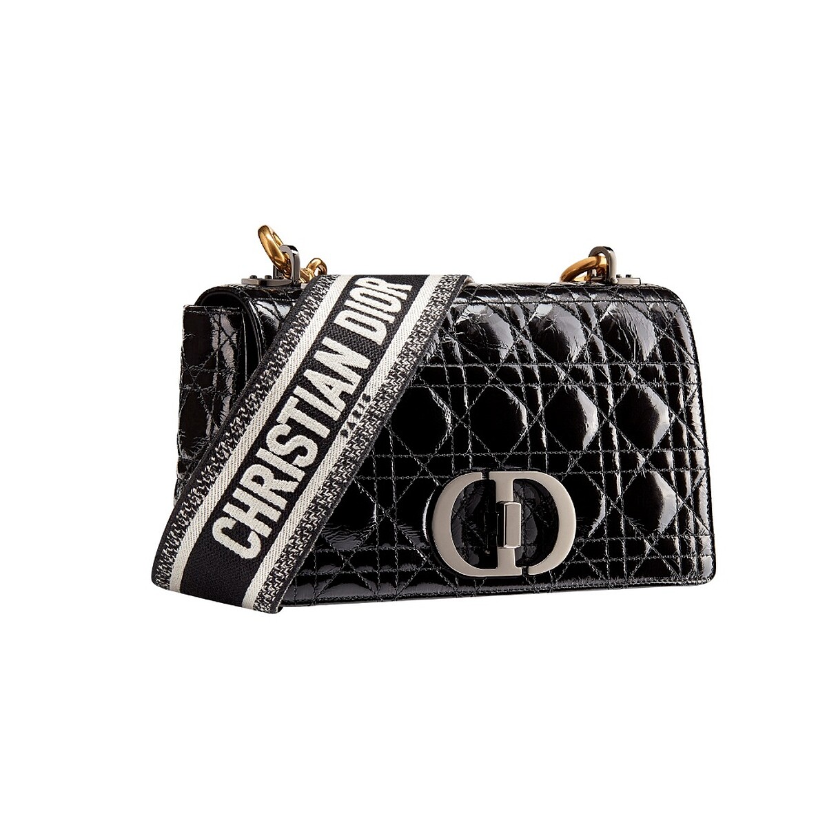 Dior Caro黑漆亮面籐格紋小牛皮中型翻蓋包，NT125,000