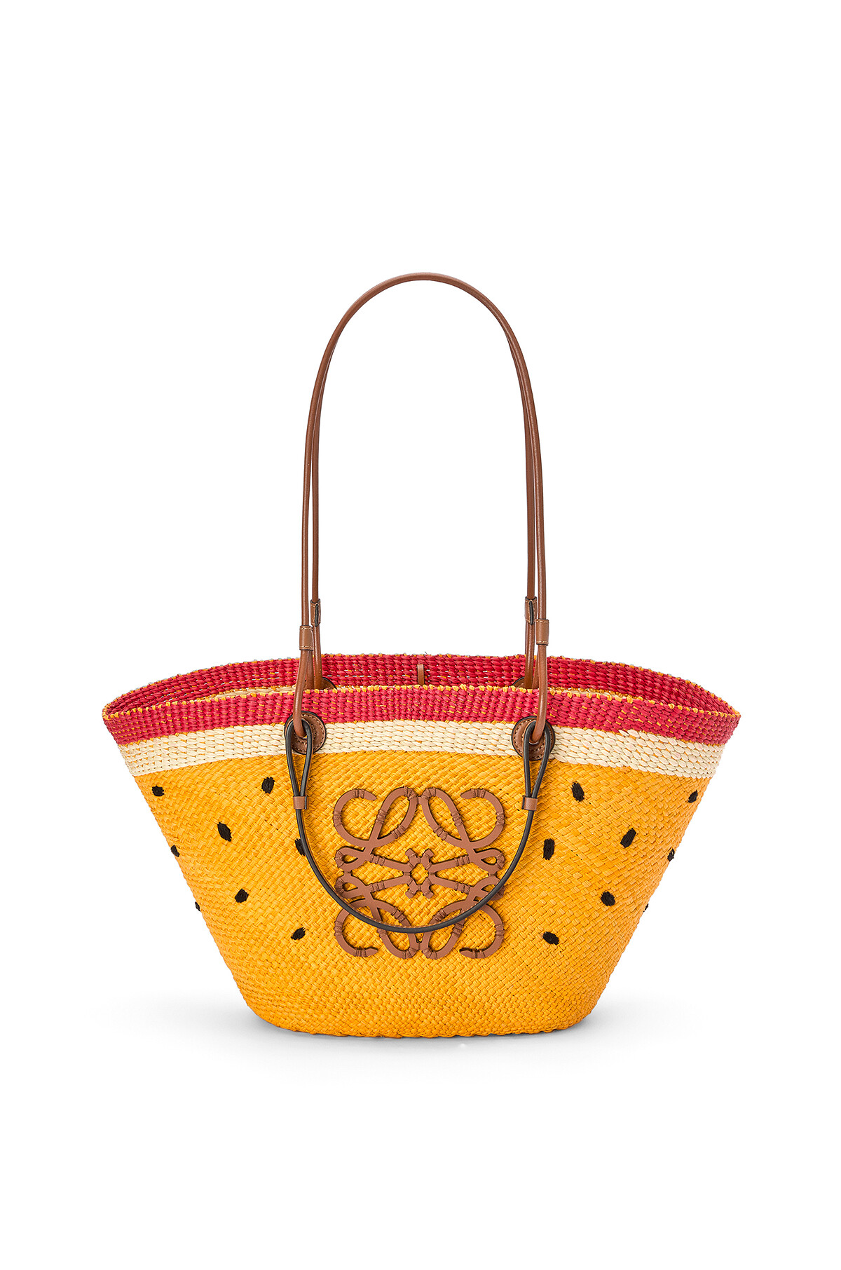 Loewe Iraca棕櫚纖維拼小牛皮百香果編織籃，售價NT $31,000