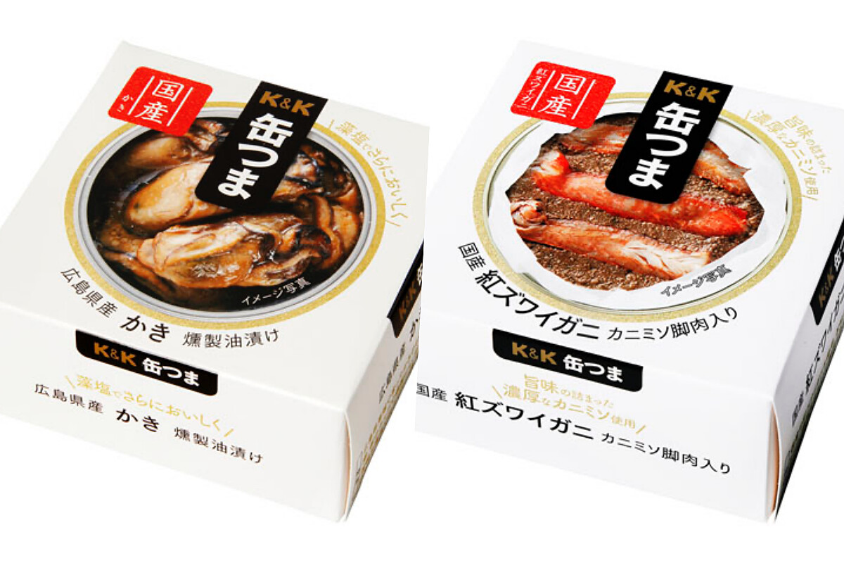 （左）招牌商品牡蠣罐頭，（右）紅楚蟹罐頭。