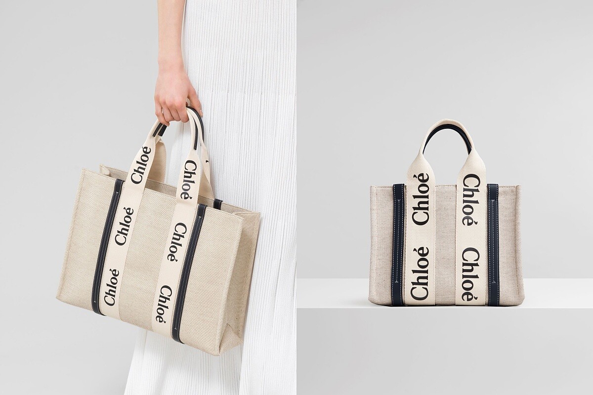 （左）Chloé Woody藍色皮革飾邊大型托特包，售價NT$34,900／（右）Chloé Woody藍色皮革飾邊小型托特包，售價NT$26,400