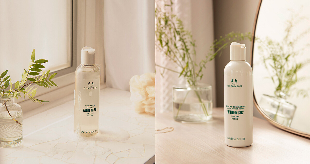 白麝香沐浴膠 $680/250ml $950/400ml，白麝香潤膚乳 $980/250ml $1380/400ml 