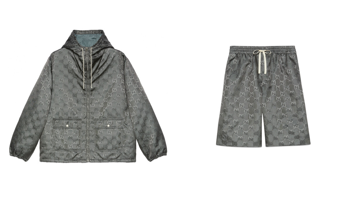 （左）Gucci Off The Grid岩石灰拉鍊外套，售價NT$70,500／（右）Gucci Off The Grid岩石灰短褲，售價NT$28,500