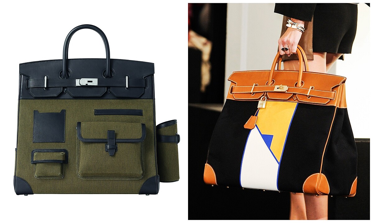 （左）以軍裝為靈感的 Haut &agrave; courroies 40 Cargo 提包；（右）2013年 Christophe Lemaire 擔任女裝創意總監時期設計的 Haut &agrave; courroies。