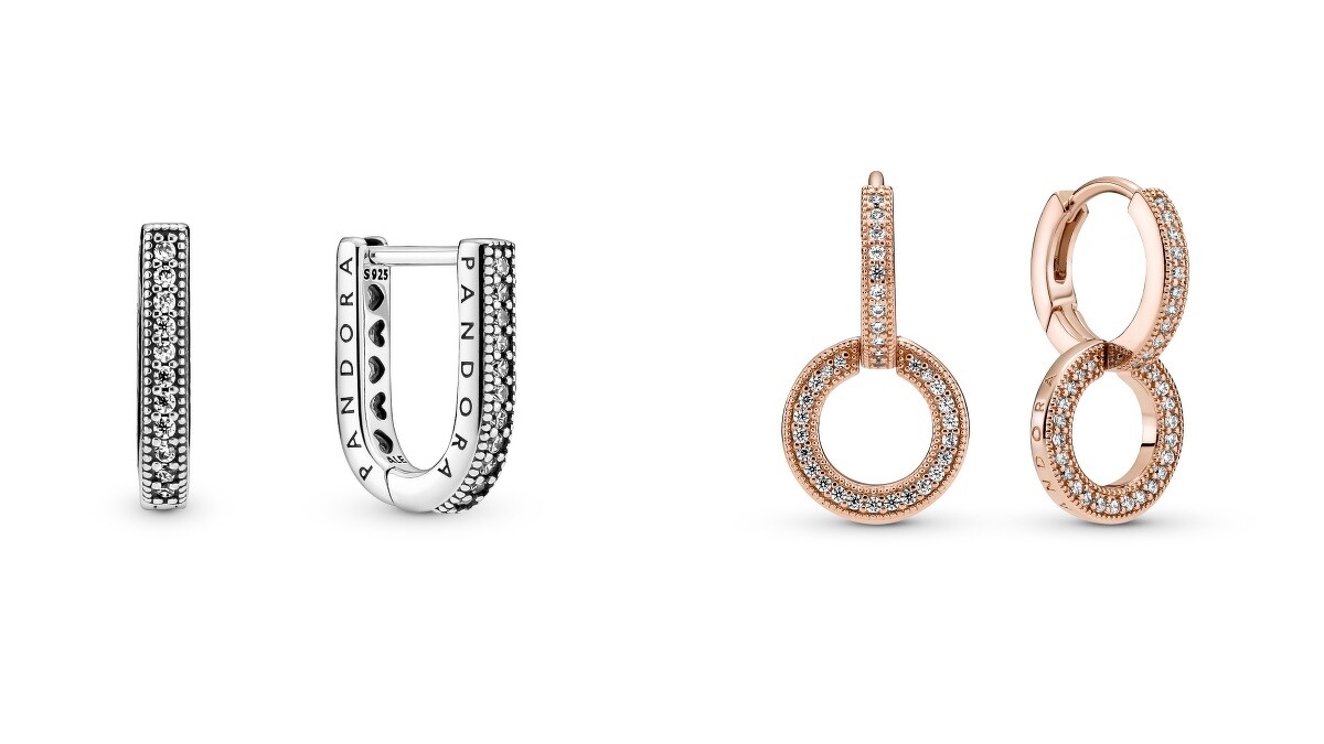 Pandora Signature 925銀 璀璨U型單圈耳環，NT2,480、Pandora Signature 鍍14k玫瑰金 雙環相扣耳環，NT3,280