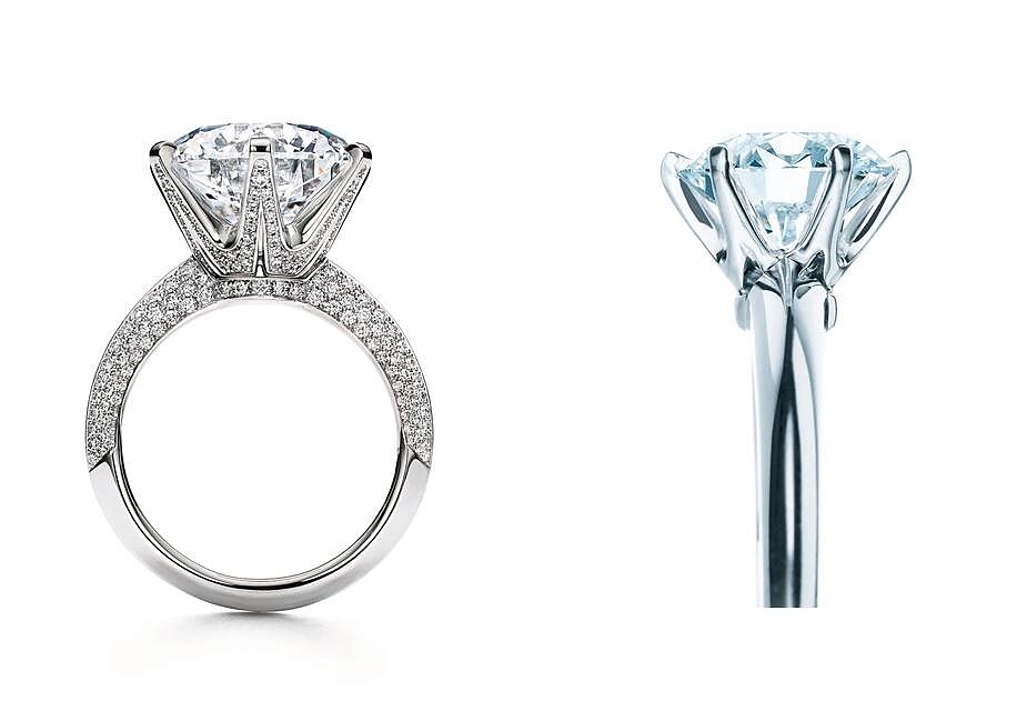 (左) The Tiffany Setting鉑金六爪鋪鑲鑽石戒指、(右) The Tiffany Setting 經典鉑金六爪鑲嵌鑽戒