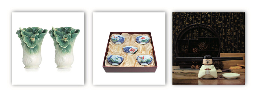 由左至右分別為翠玉白菜椒鹽罐、荷開五韻碗組、朝廷筷架-宋太祖。