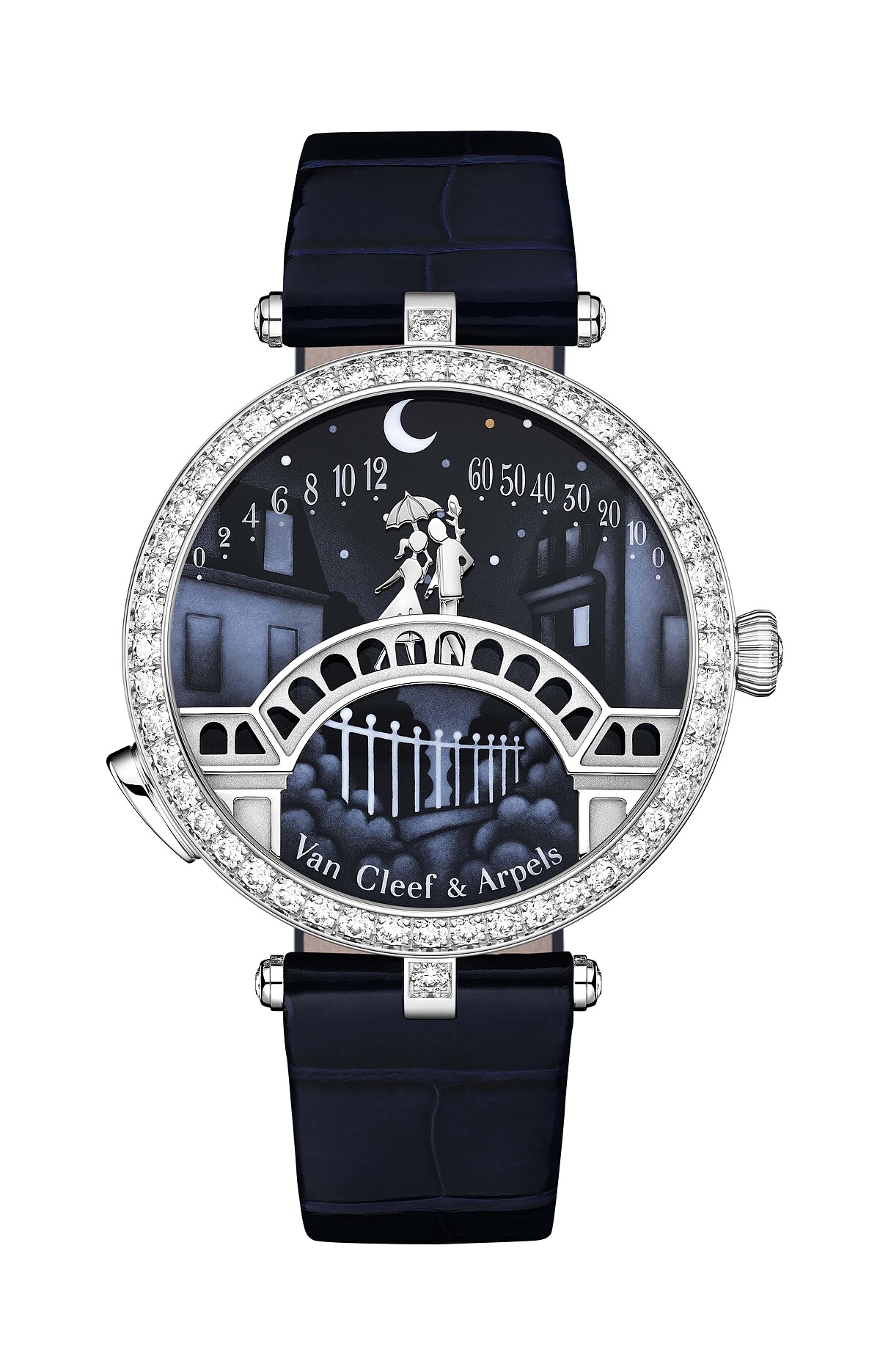 Lady Arpels Pont des Amoureux 腕錶，白K金、鑽石、琺瑯、按需動畫模組、建議售價約新台幣3,930,000元(親吻)