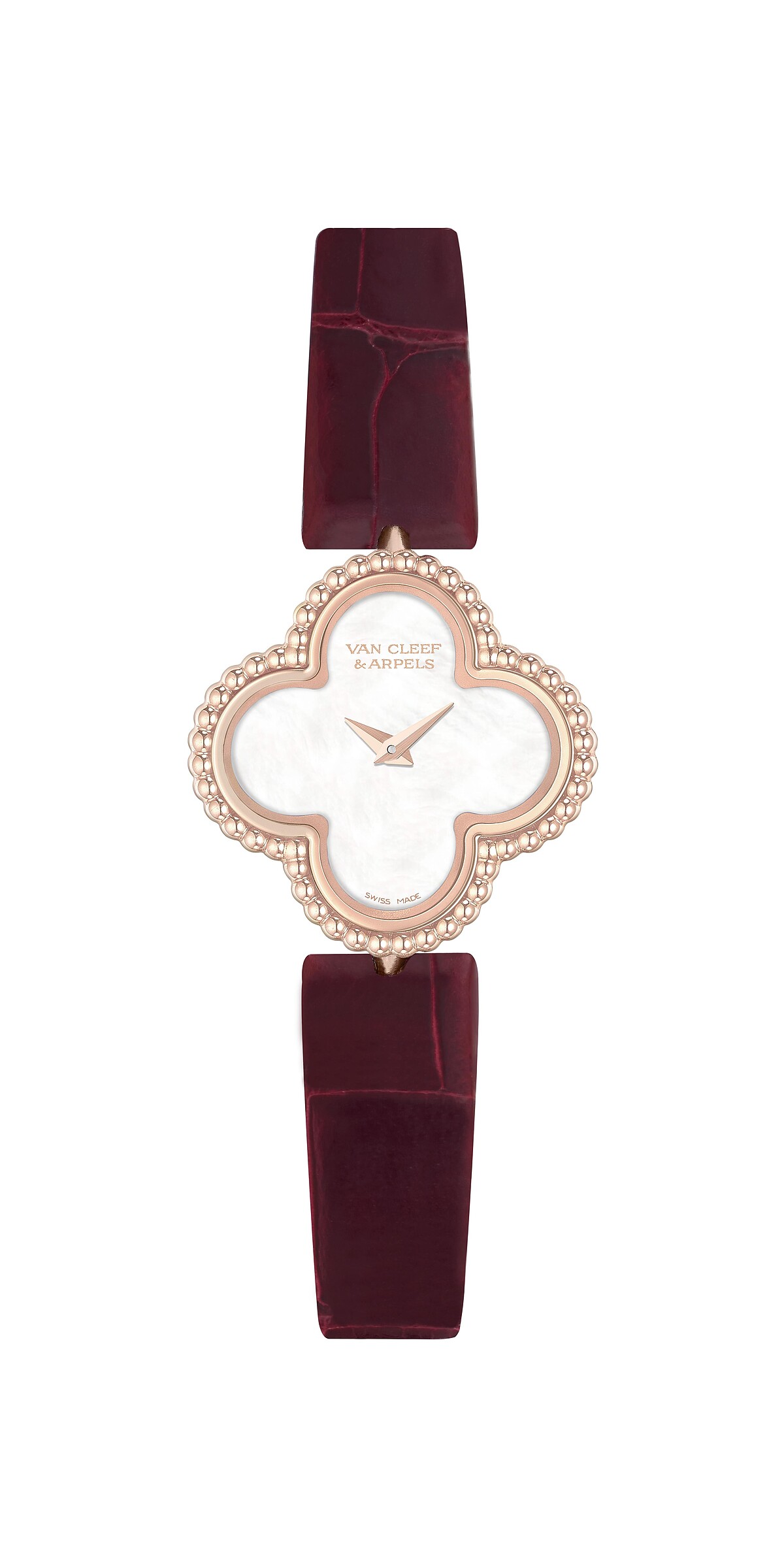 Sweet Alhambra腕錶，玫瑰金、白色珍珠母貝、石英機芯、短吻鱷魚皮錶帶，建議售價約新台幣220,000元